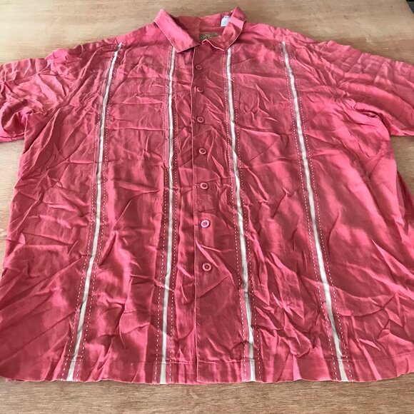 Caribbean Shirt Men 2X Coral Pink Striped Silk Cotton Button Up Short Sleeve - Picture 1 of 11